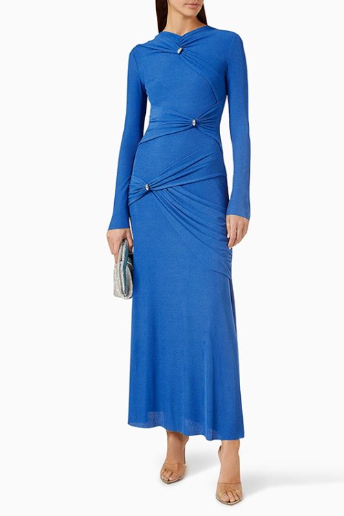 Solid Spliced Folds Casual Dresses Round Neck Long Sleeve Slimming Dress For Women