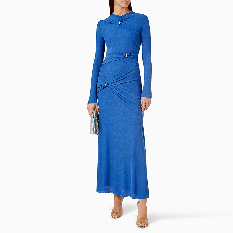 Solid Spliced Folds Casual Dresses Round Neck Long Sleeve Slimming Dress For Women