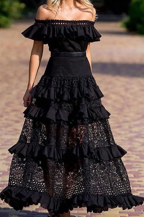 Elegant Hollow Out Dresses Women Clothing High Waist Spliced Lace Up Long Dresses For Women