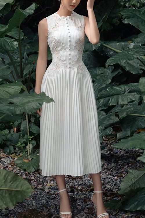 Elegant Lace Embroidered Dress Sleeveless High Waist Lady Summer Dresses For Women