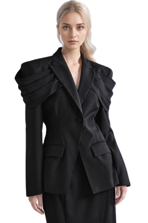 Solid Patchwork Folds Blazer V Neck Long Sleeve Spliced Single Breasted Minimalist Women Blazer