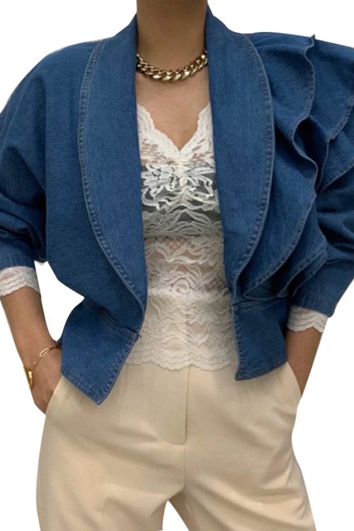 Notched Collar Layered Ruffles Patchwork Irregular Denim Blouse For Womens 2024
