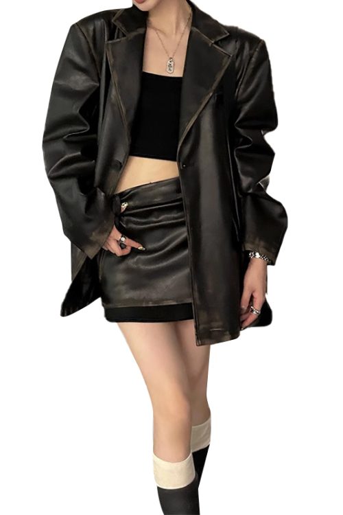 New PU Leather Jacket Women Notched Collar Single Button Female Fashion 2024