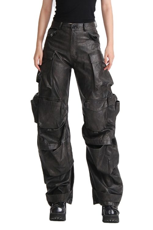 New Style Cargo Pants Patchwork Multiple Pockets Loose Leather Pants Women