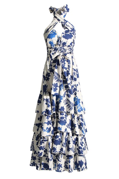 High Quality Halter Sexy Cotton Blue Floral Printed Dresses For Women 2024