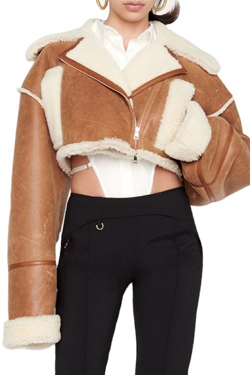 Patchwork PU Faux Fur Hit Color Women Short Jacket Outerwear 2024