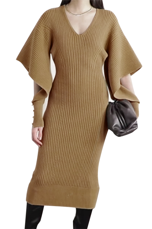 Casual Hollow Out V Neck Long Sleeve High Waist Pullover Long Dresses Women