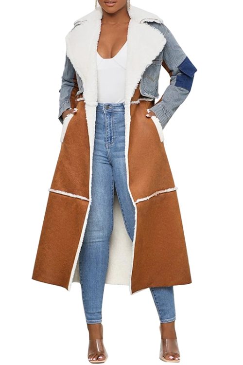 Casual Patchwork PU Faux Fur Pockets Hit Color Women Long Jacket Outerwear