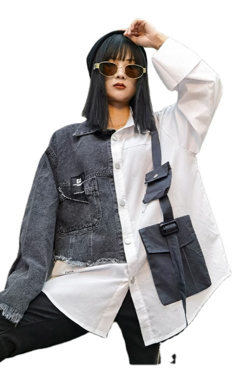 Colorblock Single Breasted Long Sleeve Patchwork Pockets Denim Blouse For Women