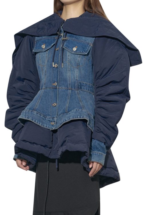 Streetwear Patchwork Denim Hooded Collar Casual Cotton Women’s Coat