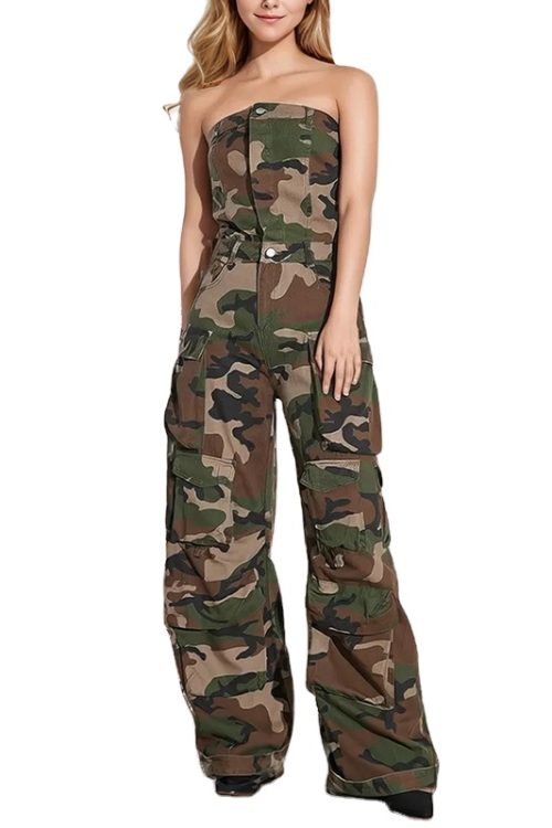 Strapless Sleeveless High Waist Patchwork Button Camouflage Jumpsuits For Women 2024