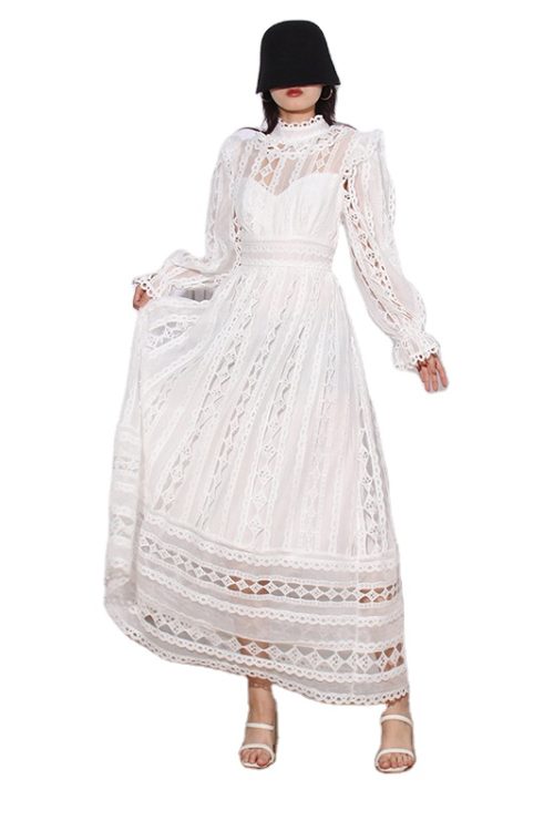 Elegant Hollow Out Dresses Women Clothing High Waist Spliced Lace Up Long Dresses For Women