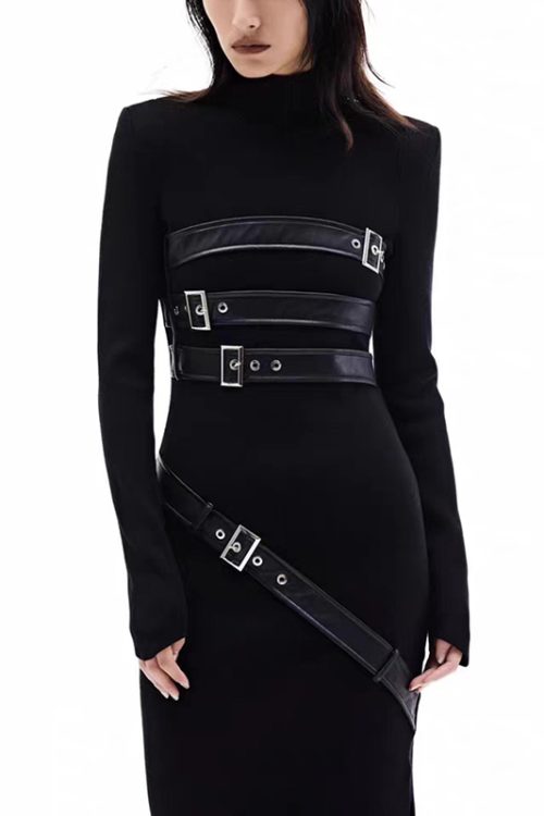 Patchwork Belt Minimalist Dresses Stand Collar Long Sleeve Slimming Dress For Women