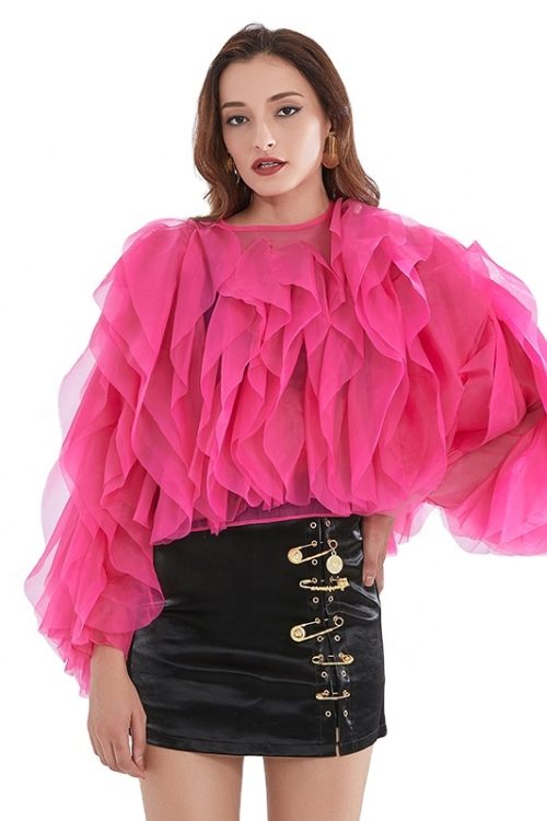 Women Blouses Ruffles O Neck Lantern Long Sleeve Lace Up Bow Chiffon Mesh Patchwork