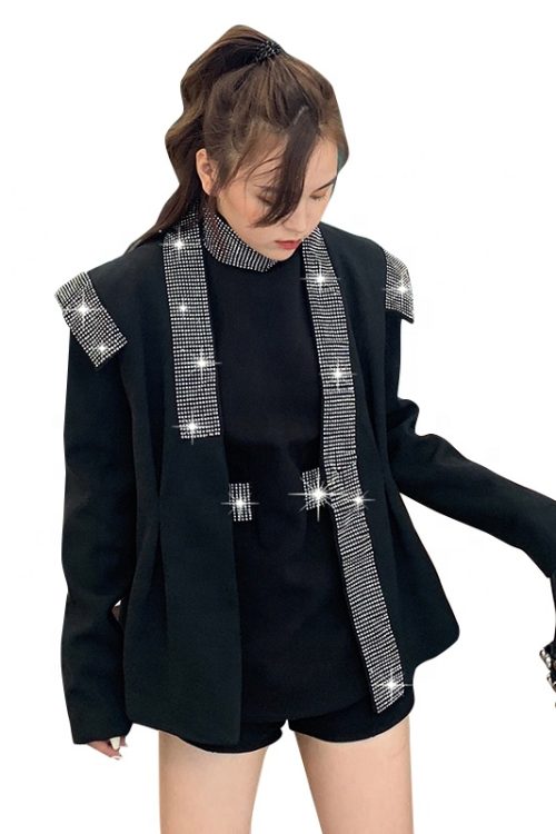 Notched Long Sleeve Casual Patchwork Diamond Streetwear Fashion Blazer For Women