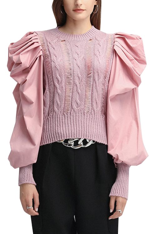 Fashionable Round Neck Loose Long Puff Sleeve Patchwork Pullovers Casual Knitted Sweaters For Women