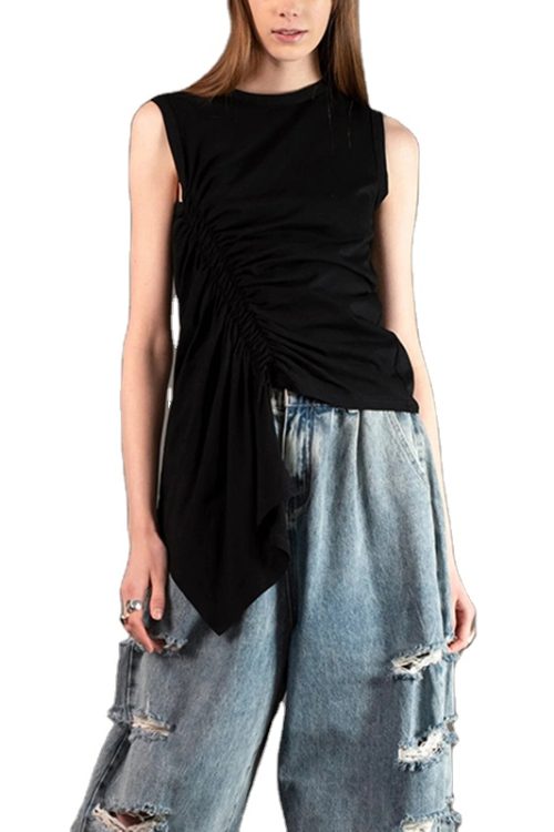 Knitted Asymmetrical Hem T Shirt Round Neck Sleeveless Casual T shirt For Women