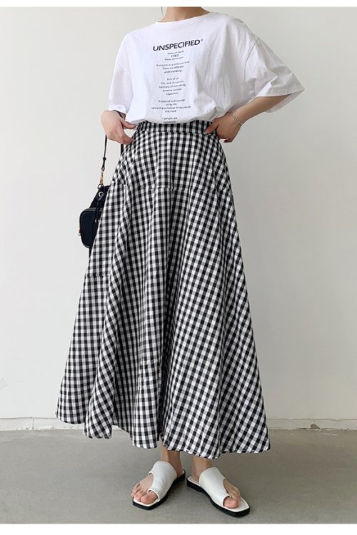 Summer Girls Skirt High Elastic Waist Plaid Printed A Line Loose Skirts For Women