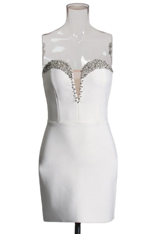 Sexy Slimming Patchwork Diamonds Dresses Strapless Sleeveless High Waist Mini Dress For Women