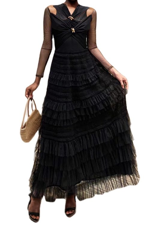 Elegant Solid Dresses Long Sleeve High Waist Patchwork Ruffles Summer Dress Women