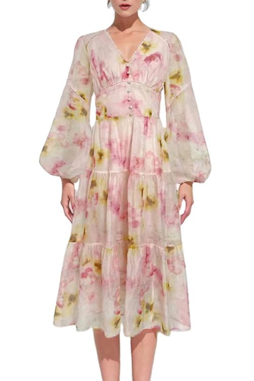 Elegant Printing Spliced Lace Up Dress Lantern Sleeve High Waist Chic Dresses For Women