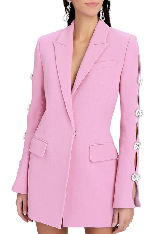 Solid Color Ladies Blazer Spliced Pearls Diamonds Bowknots Hollow Out Women Dresses Elegant