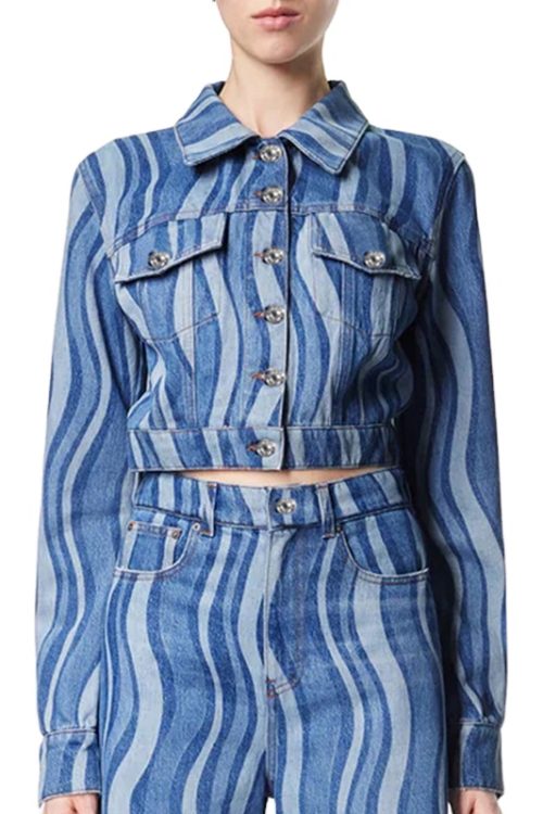 High Quality Striped Printing Lapel Long Sleeve Slimming Denim Jackets For Women