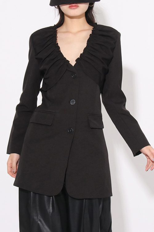 Solid Patchwork Folds Blazer V Neck Long Sleeve Spliced Single Breasted Minimalist Fashion Blazers