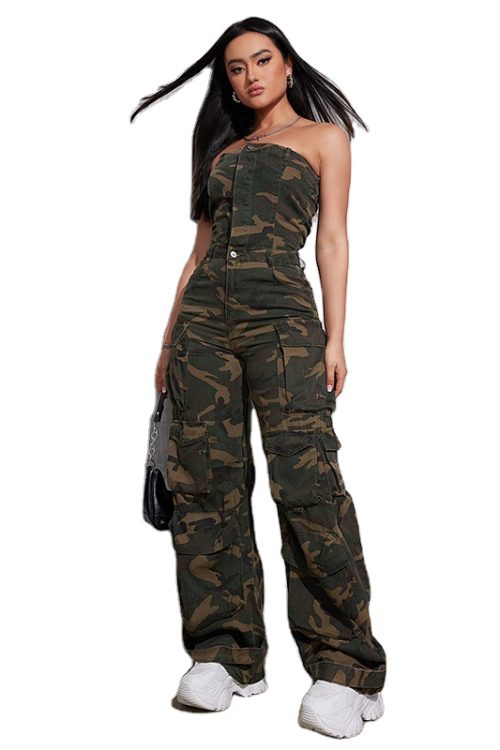 Camouflage Cargo Jumpsuits Strapless Sleeveless High Waist sexy Jumpsuits For Women