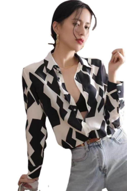 Casual Colorblock Lapel Long Sleeve Vintage Patchwork Button Blouses For Women