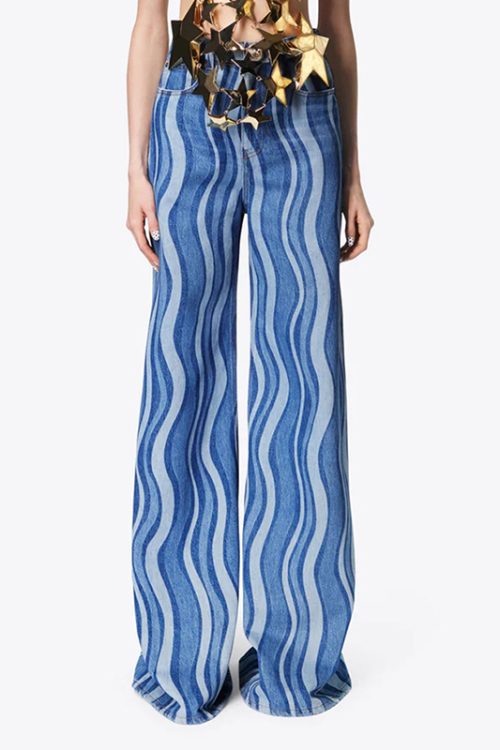 Hit Color Striped Printing Denim Pants High Waist Loose Minimalist Girls Pants
