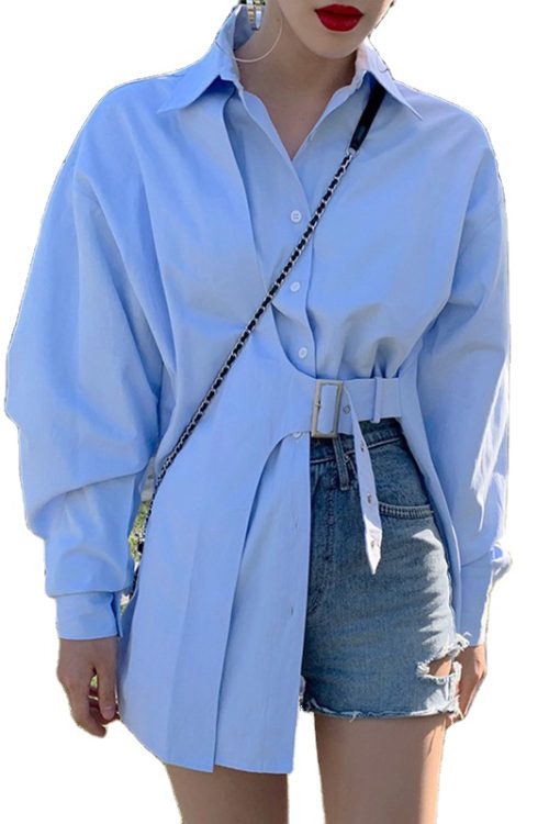 Lapel Korean Blouse Long Sleeve Patchwork Belt Asymmetrical Hem Straight Blouses Female 2024