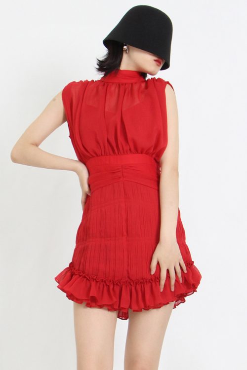 Patchwork Layered Ruffle Hem Dress Women Turtleneck Sleeveless High Waist Mini Dresses