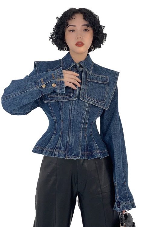 Blue Lapel Long Sleeve Slim Short Tops Pockets Cropped Denim Jacket Women