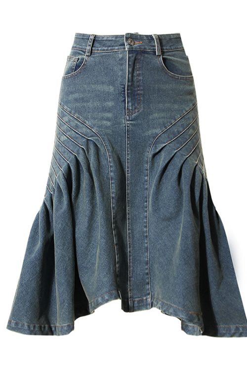 Fashion New Solid Color High Waist Patchwork Pockets Long Women Denim Skirts