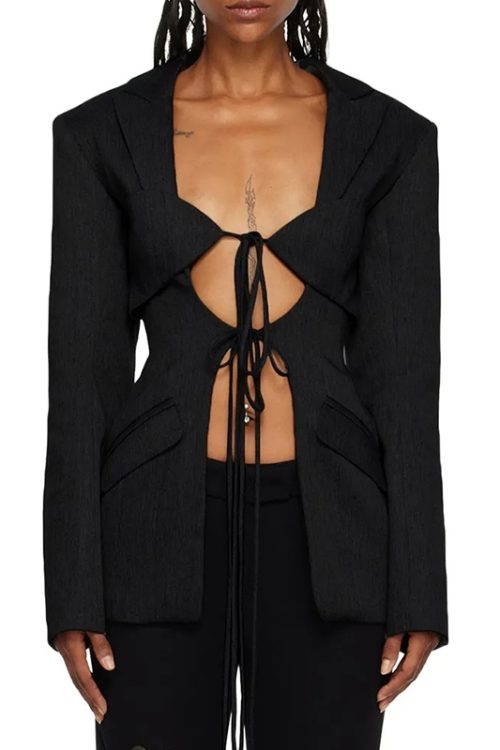Sexy Hollow Out Spliced Lace Up Blazer Long Sleeve Slimming Blazers Fashion Women Clothing