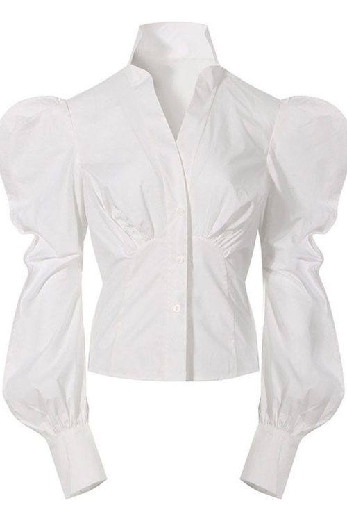 Spring Summer V Neck Puff Sleeve Single Breasted Elegant Blouses For Womens 2024