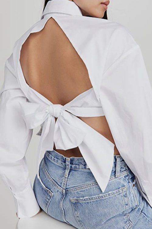 Fashion White Backless Strap Long Sleeve Lace Up Bow Women’s Shirt For Women