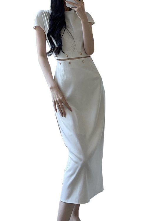 Round Neck Hollow Out Solid Color Ladies White Women Dresses Elegant