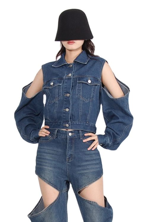 Lapel Hollow Out  Denim Coat One Shoulder Casual Dual Pocket Jacket For Women