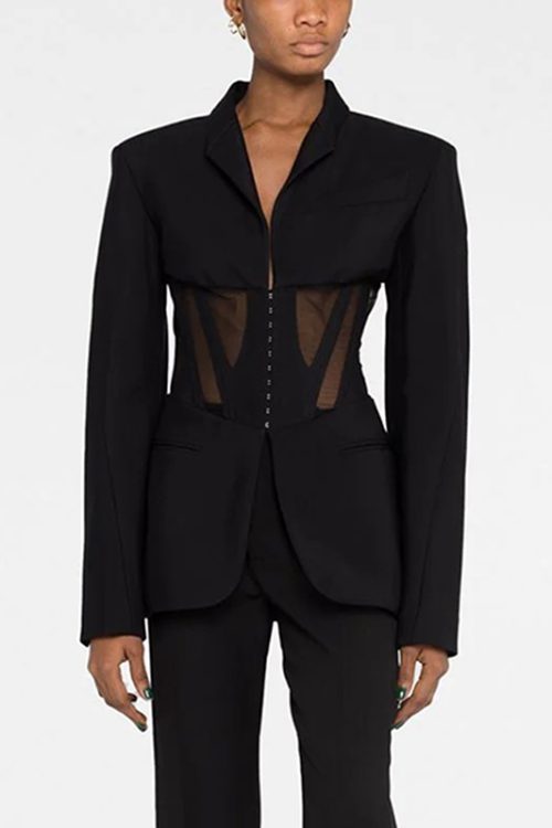 Elegant Spliced Mesh Sheer Notched Collar Long Sleeve Ladies Blazers For Women