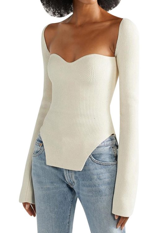 Slim Sweater For Women Square Collar Long Sleeve Split Solid Knitted Tops Female 2024