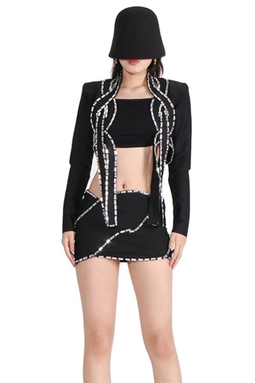 Patchwork Diamonds Two Piece Set V Neck Long Sleeve Top High Waist Bodycon Skirt Women’s Sets