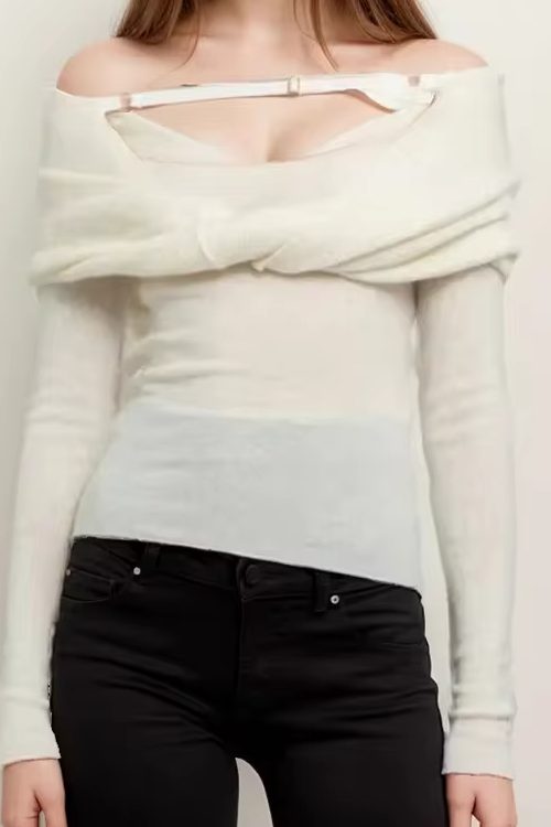 Irregular Solid Color Backless Long Sleeve Off Shoulder Knitted Sweater