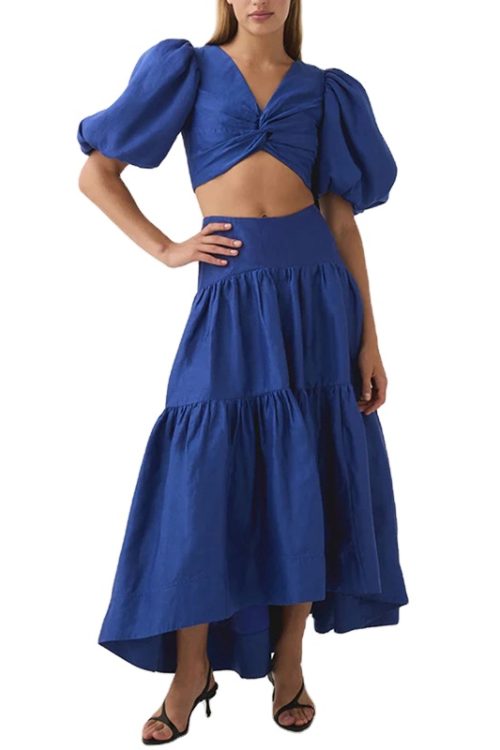 Solid Two Piece Sets V Neck Puff Sleeve Tops High Waist Ruffles Skirts Summer Sets For Women