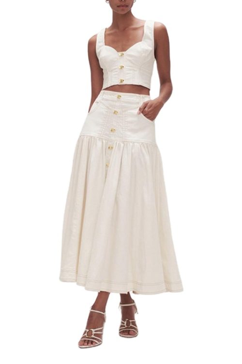 Spliced Button Two Piece Set Short Tops High Waist A Line Long Skirts Sets For Women