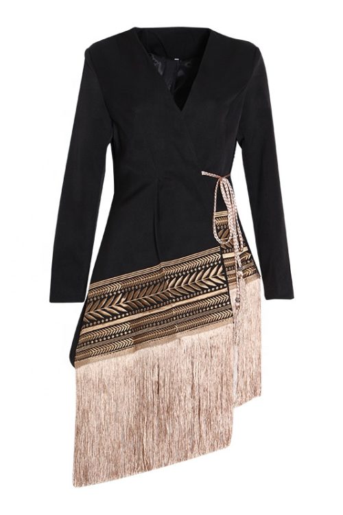 Embroidery Long Sleeve Tassel Patchwork Asymmetrical Blazers Female