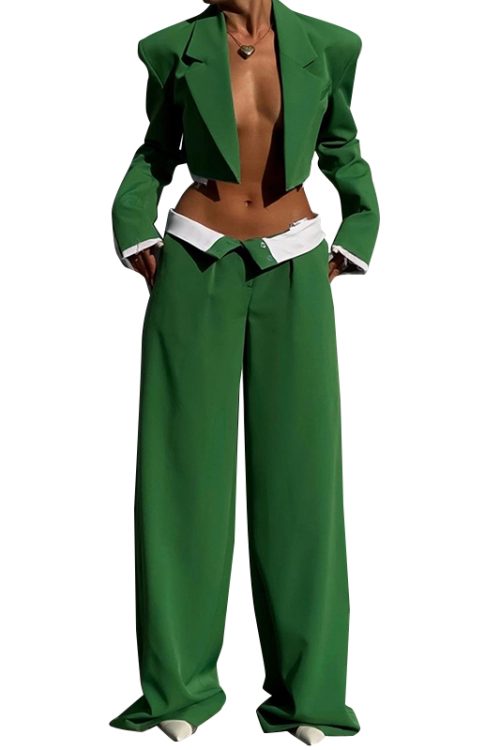 High Quality Women Clothing Green Notched Collar Cropped Blazer Set For Women 2024