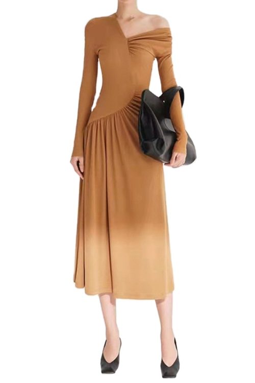 Elegant Long Sleeve High Waist Slimming Solid Color Dresses Women Long Dress