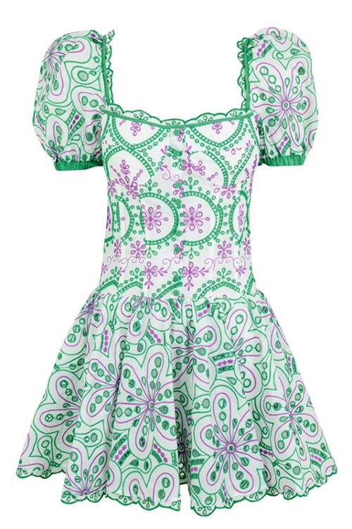 Square Collar Short Sleeve High Waist Folds Summer Mini Printed Dresses For Women